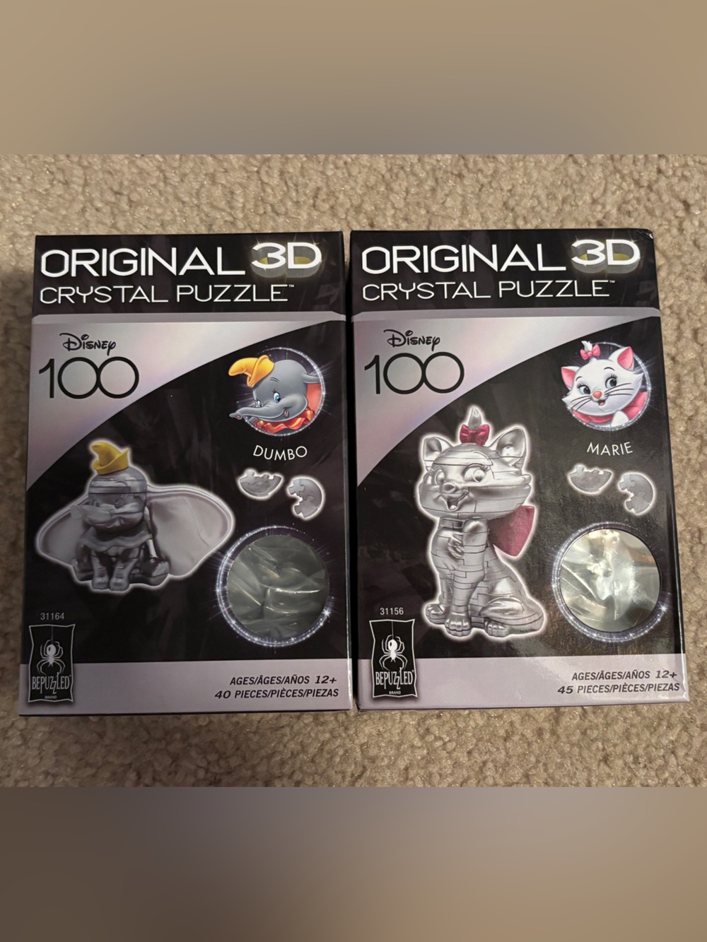 Lot of 2 Original 3D Crystal Puzzle Disney 100 Years Dumbo & Marie- Silver new